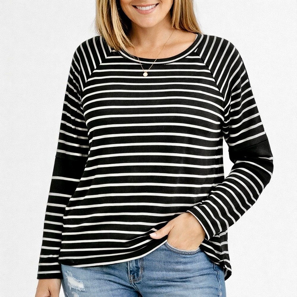 Revolve X Heather Black & White Striped Long Sleeve Silk Sheer Panel Top Sz XL